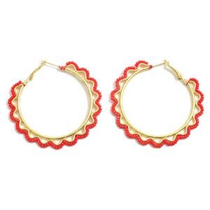 Red Gold Scalloped Edge Beaded Hoop Earrings